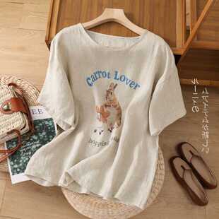 Actual Shot of 2025 New Style Artistic Cotton and Linen Short-Sleeved Shirt for Women, Loose Printed Retro Pullover, Casual and Versatile T-Shirt