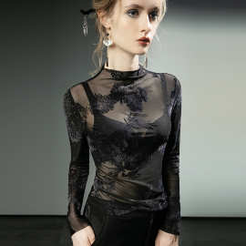 国风植绒蕾丝衫薄款网纱镂空性感长袖洋气打底衫