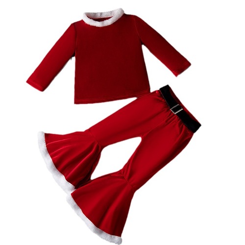 European and American Christmas Costume—Children's Christmas Elf Cosplay Outfit—Winter Long-Sleeved Top and Flared Pants for Girls