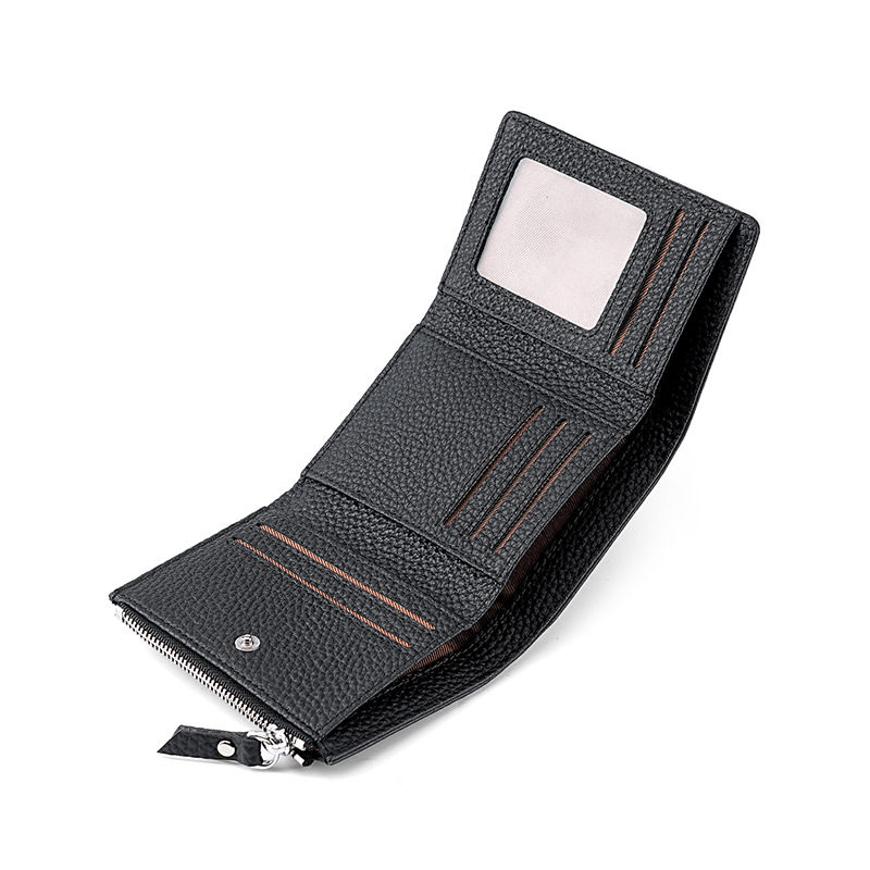 三つ折り財布の女性のトップ層牛革RFID盗難防止ブラシクリップ多カード位真皮カードバッグジッパー小銭袋