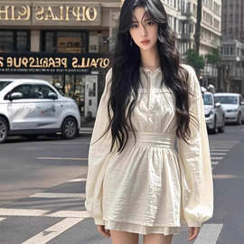 TZ5848慵懒休闲气质灯笼袖收腰连衣裙女简约高级感别致A字短裙子
