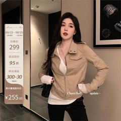 何晨曦 美式复古牛皮绒短款夹克外套女春秋韩版休闲百搭长袖上衣