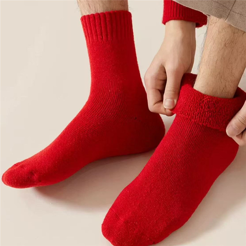 Red Socks for the Year of Birth, Extra Thick Wool Socks for Weddings, Winter Style, Fleece-Lined, Thickened, Warm, Red Mid-Calf Socks, Unisex