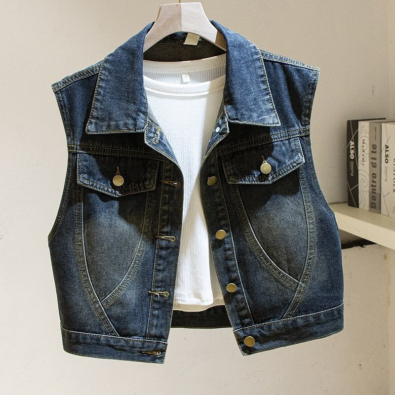 Primavera y otoño nuevo chaleco vaquero femenino retro versión coreana relajada, delgada, corta, chaleco sin mangas