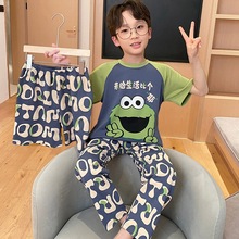 儿童纯棉睡衣男童短袖长裤薄夏天中大童男孩宝宝三件套空调家居服
