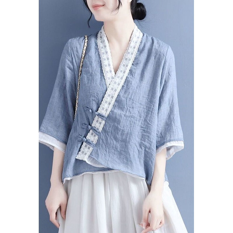Republic of China Style Lace-Trimmed Shirt with Diagonal Placket, Buttoned Ties, Three-Quarter Sleeves, Women's Cotton-Linen Summer Retro Tea Dress Republic of China Style Lace-Trimmed Shirt with Diagonal Placket, Buttoned Ties, Three-Quarter Sleeves, Women's Cotton-Linen Summer Retro Tea Dress