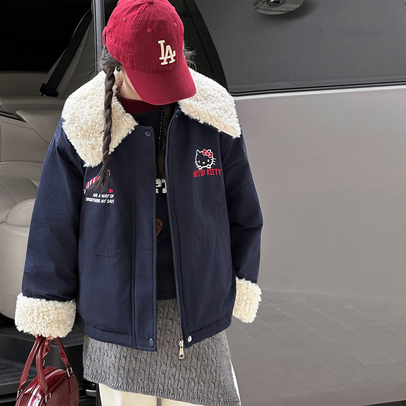 Girls' Fleece Jacket Autumn and Winter 2025 New Style Kidsren's Kitty Cat Embroidered Jacket Girls' Autumn and Winter Clothing Trend