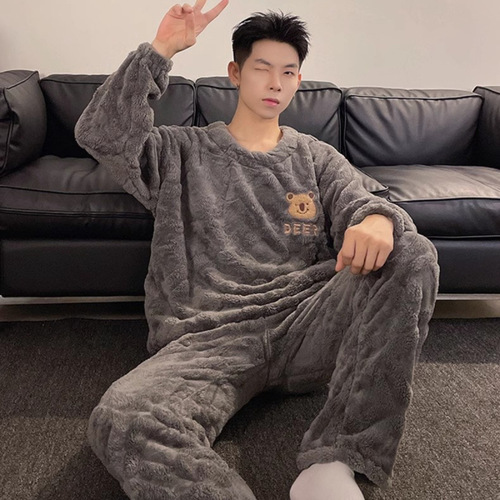 Crew Neck Grey Small Bear Fleece Padded Thick pyjamas for Autumn and Winter Men's Bestselling New Homecoming Clothes