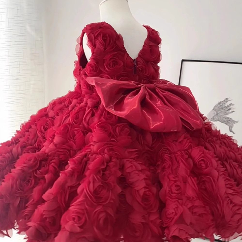 Robe de printemps rouge à fleurs pour bébé fille, style princesse coréenne, collection anniversaire princesse 2026_voghion.com