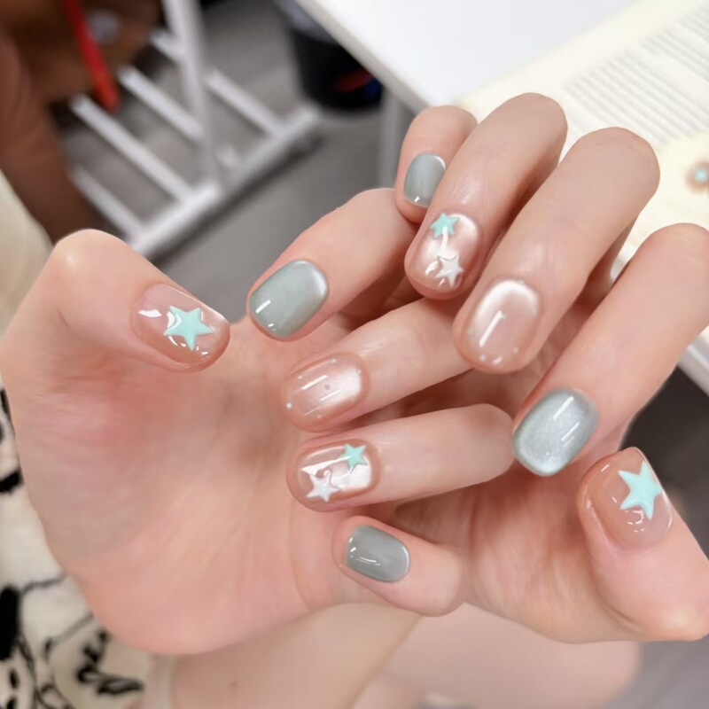 【Mint Sparkling Water】Ice-Clear Spring and Summer Blue Star Cat-Eye Nail Stickers That Enhance Fair Skin Tone, Nude Color Nail Patches Wholesale 【Mint Sparkling Water】Ice-Clear Spring and Summer Blue Star Cat-Eye Nail Stickers That Enhance Fair Skin Tone, Nude Color Nail Patches Wholesale