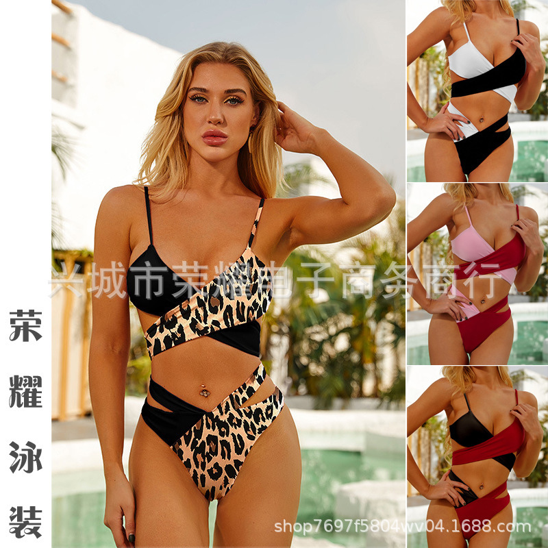 2022 AliExpress Amazon Cross-border New Swimsuit Europe and America Sexy Split Swimsuit Two-color Cross Bikini