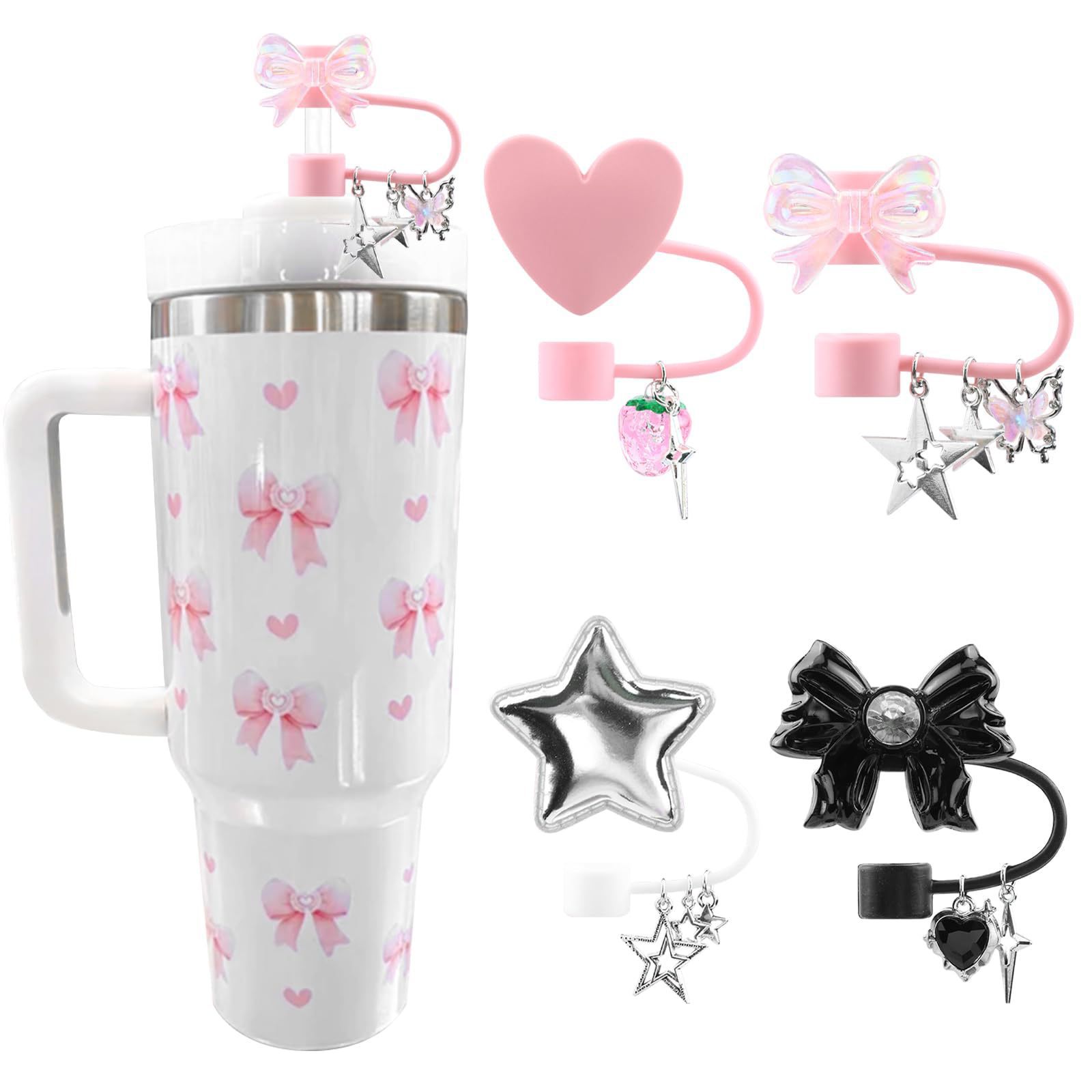 Suitable For Stanley Cup Love Silicone Straw Sleeve Glitter Star Heart Bow Resin Straw Cap