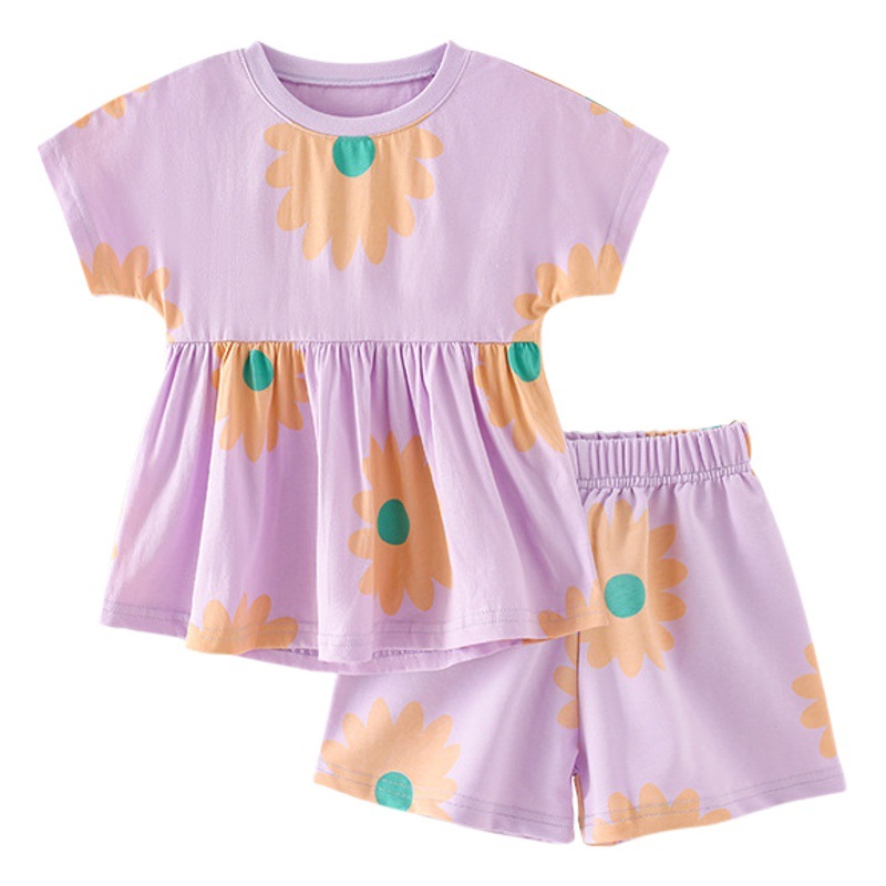 Malwee traje de niñas verano nuevos pantalones cortos de manga corta para niños europeos y americanos cuello redondo impreso traje de dos piezas para niños