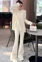 欧货杏色休闲时尚运动套装女秋冬感气质设计感微喇叭裤两件套