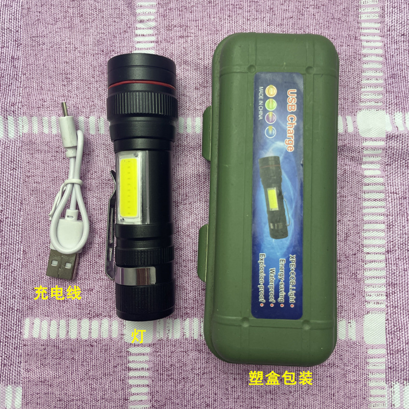 Mini T6 linterna de luz fuerte incorporada 18650 batería de litio telescópica zoom luz lateral COB con titular de la pluma pequeño portátil al por mayor