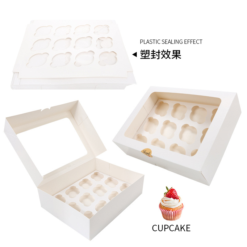 Caja de pastel de taza de papel personalizada de 12 piezas Caja de postre de cartón blanco plegable gratuita Caja de embalaje de caja de galletas de comercio exterior transfronterizo personalizada