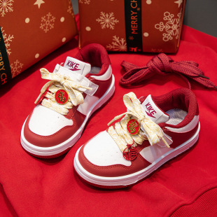 Festive Red Sneakers Children's New Year Shoes 2025 Spring New Fortune Word Internet Celebrant Single-layer Shoes Sports Shoes for Boys and Girls