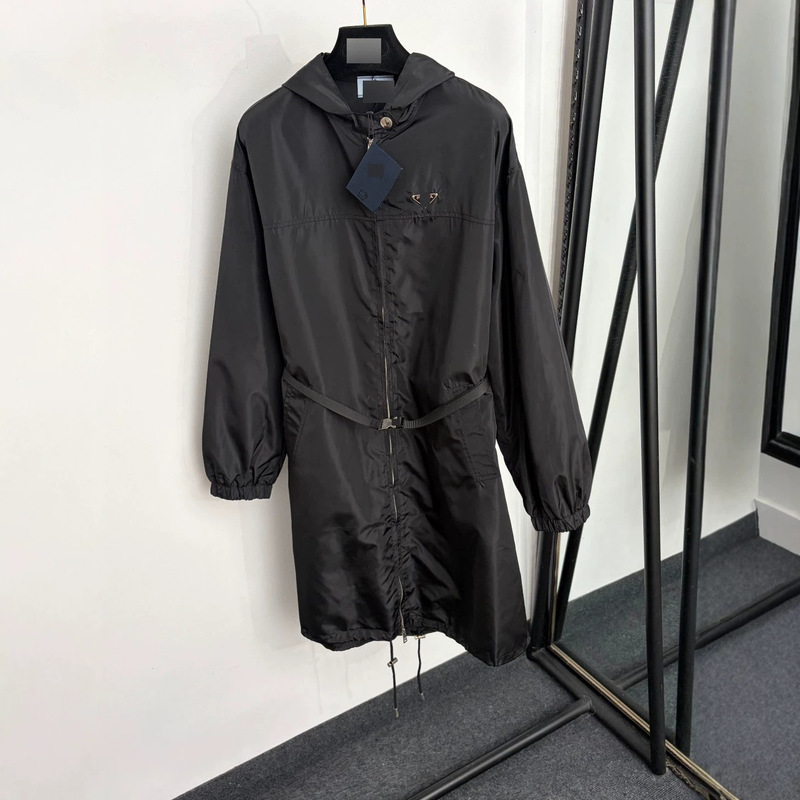 Nanyou High-end Foreign Trade Elegant Women's New Long Sleeve Hooded Trench Coat with Metal Triangle Logo and Belt Nanyou High-end Foreign Trade Elegant Women's New Long Sleeve Hooded Trench Coat with Metal Triangle Logo and Belt