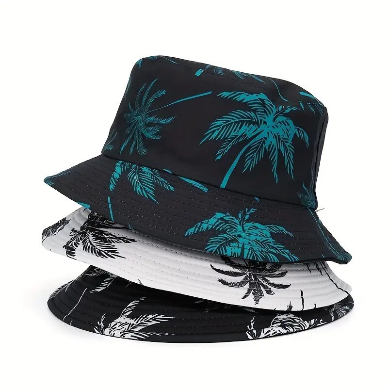 Cross-Border Double Basin Hat Printed Coconut Tree Fisherman Hat Women's Summer Outdoor Maple Leaf Travel Sun Protection Sun Hat Sun Hat