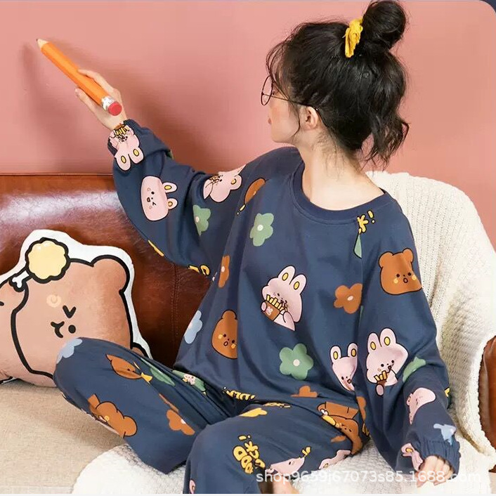 Cow Long-sleeved Pajamas for Women Spring & Fall Plus Size K-style Cartoon Can Be Worn Outside Pants Women's Home Wear Two-piece Suit