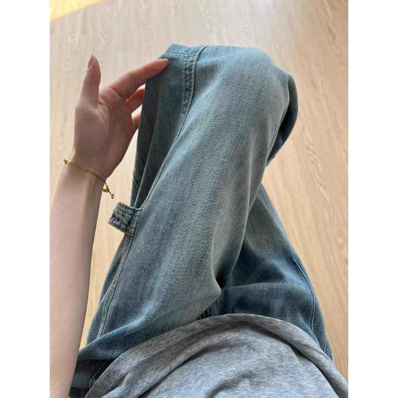 浅蓝色弯刀牛仔裤女2025秋季新款高腰显瘦设计感高街工装阔腿裤子|undefined