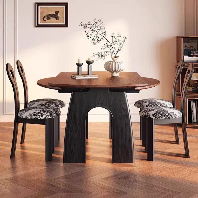 French Mid-Century Style Solid Ash Wood Retractable Dining Table, Convertible Round Table for Home Use, Small Apartment Retro Dining Table