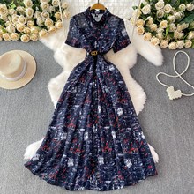 外贸法式覆古风印花翻领衬衫洋装女夏季单排扣收腰显瘦雪纺大摆长