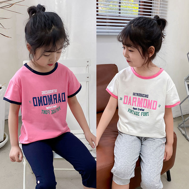 撞色领~22035 纯棉字母印花T恤 女童短袖 夏款童装  中大童|ru