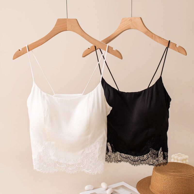 Silk Stretch Satin Ultra-Thin Lace Camisole with Chest Pads, Two-In-One Pure Desire Style, Beautiful Back Design, Slim Fit for Women, Summer Wear