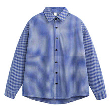 男装通勤美式复古蓝色格子长袖衬衫男女时尚感宽松情侣装休闲衬衣