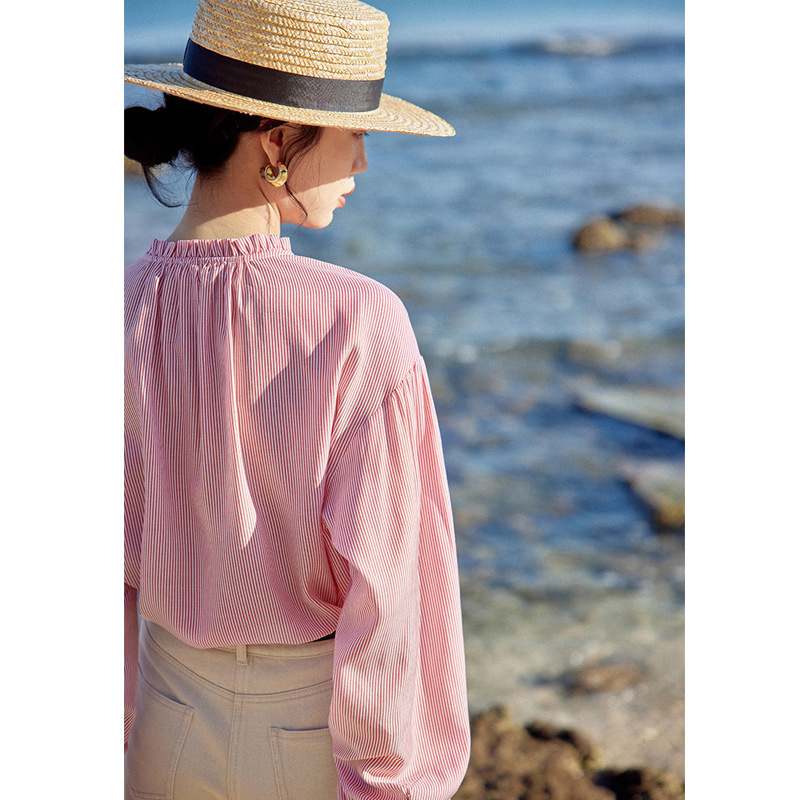 Yarn-Dyed All-Woven Loose Long-Sleeved Striped Shirt for Women Early Spring New Sweet and Chic Top