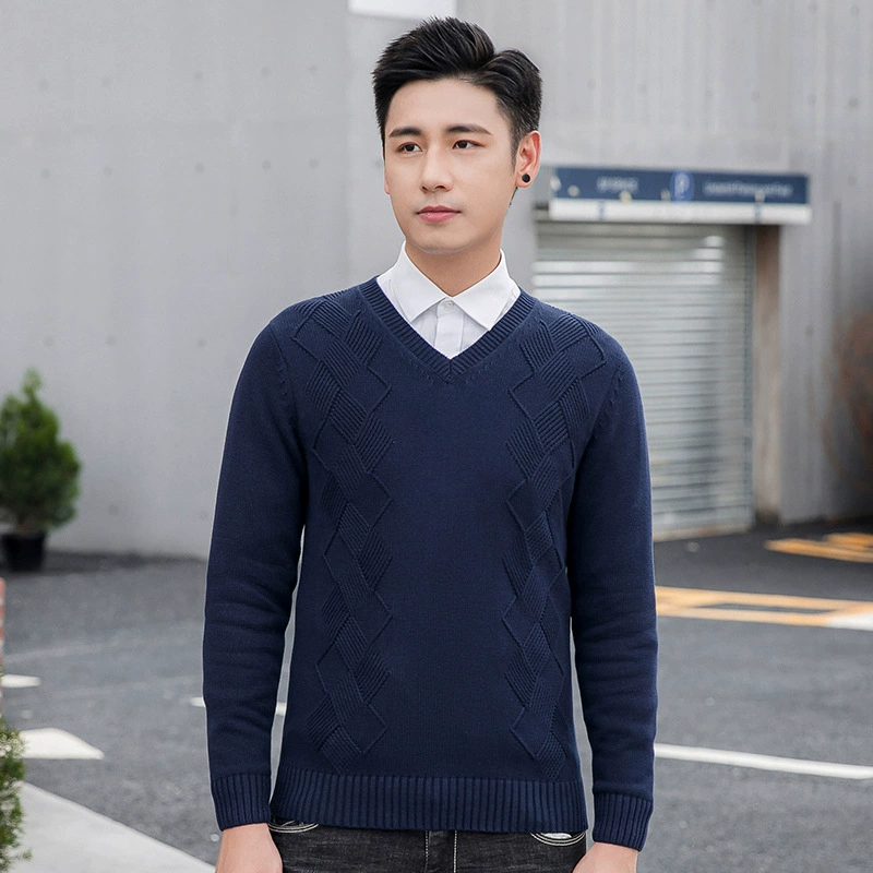 Новый осенне-зимний свитер, мужской однотонный жаккардовый свитер с V-образным вырезом в Корейском стиле, приталенный шерстяной свитер, мужская мода