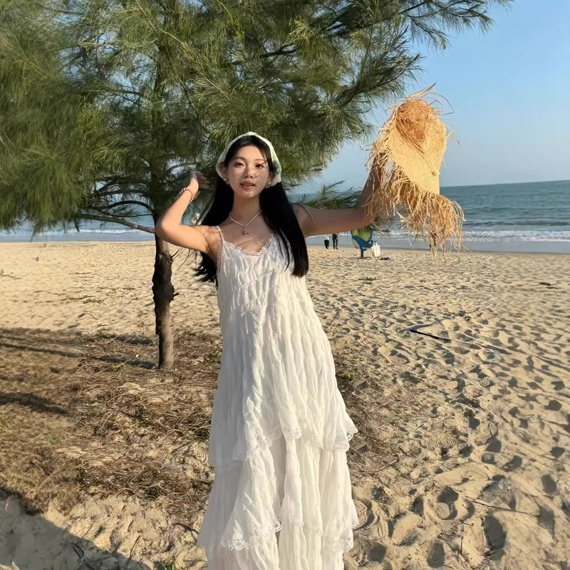 New French-Style Super Pretty Fairy White Dress, Seaside Vacation Beach Dress, High-End Solid Color Sleeveless Women's Clothing