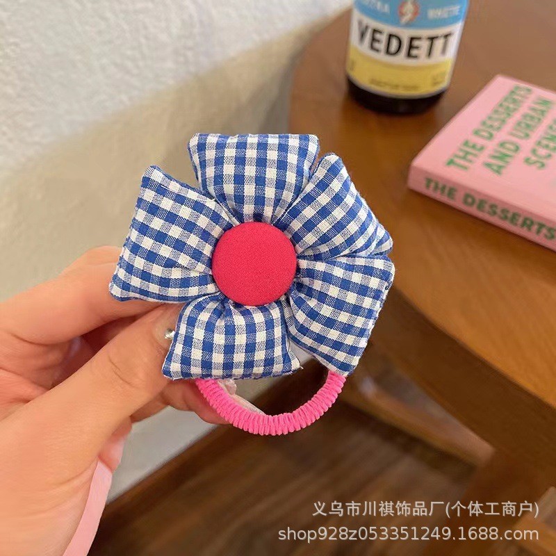 45 블루 체크 빅 플라워 머리끈