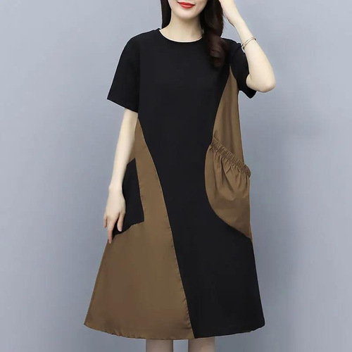 Color-block Spliced Short-Sleeve Dress for 2025 Summer, Plus-Size, Loose Fit, Slimming, Stylish & Age-Defying Design—Perfect for Covering the Belly