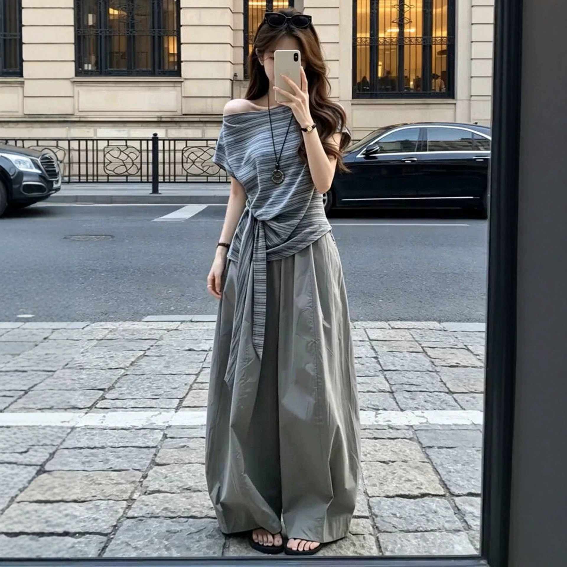 Korean Style 2026 New Style Off-Shoulder Striped Short-Sleeve T-Shirt Women's Summer Wide-Leg Pants Set