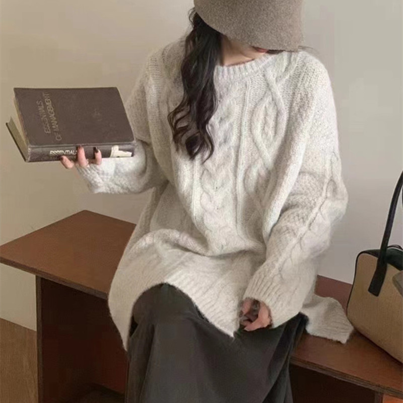 欧版时尚麻花毛衣女2024秋冬季新款宽松慵懒风设计感套头针织衫厚
