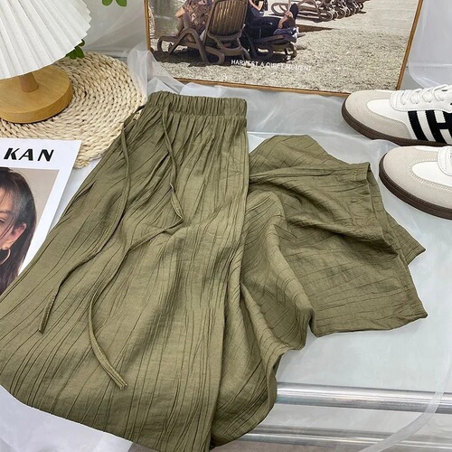 Retro tentacle texture folds cool ice silk wide-leg pants women's summer loose straight slimming casual pants