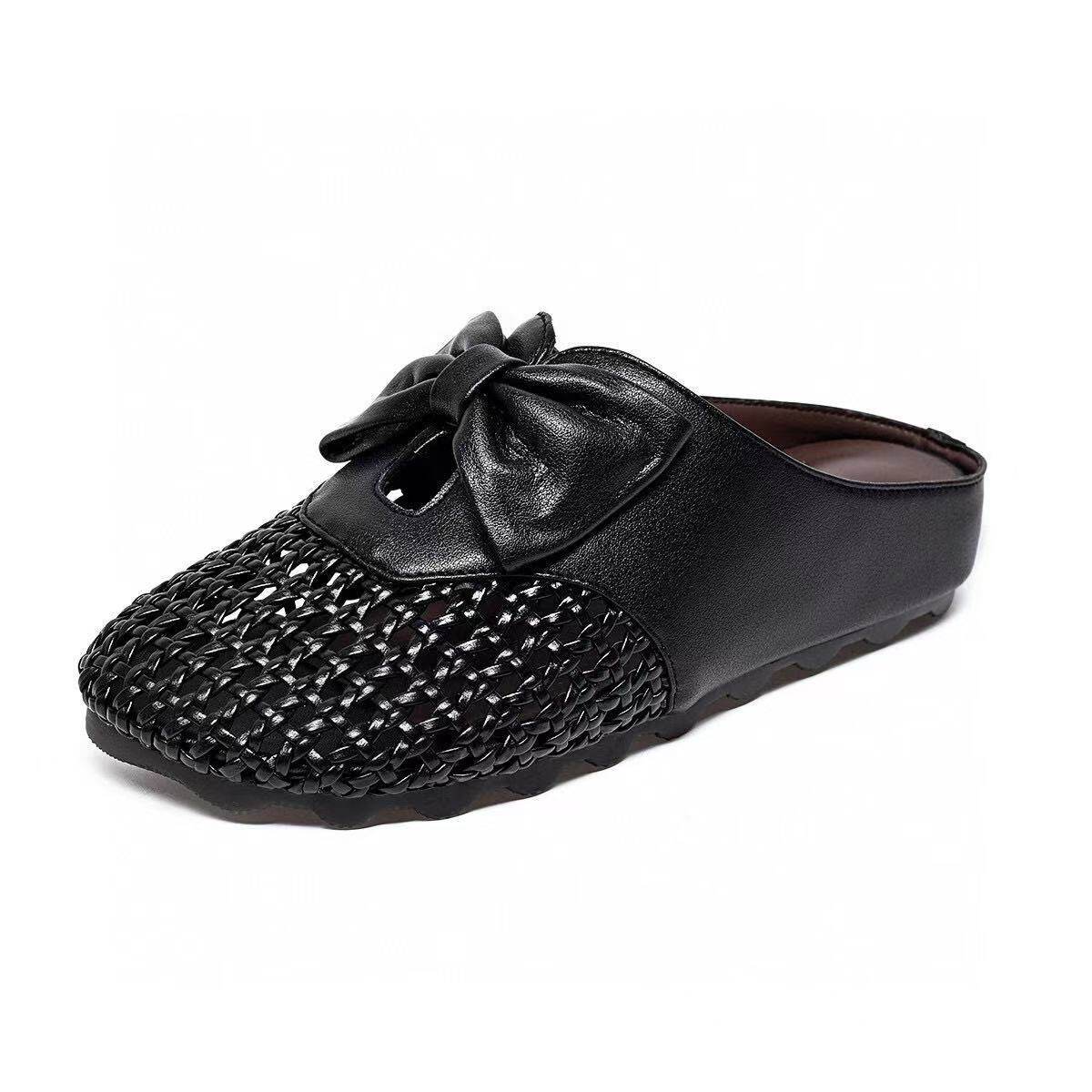Dép sandal nữ đế bệt dệt rỗng mũi tròn nơ bướm — màu đen