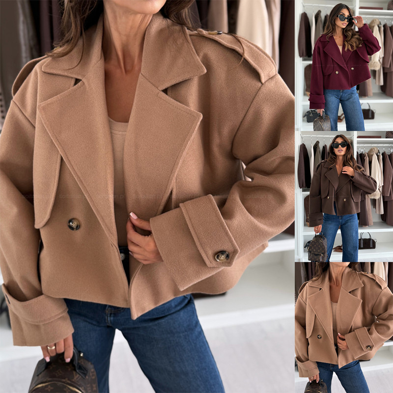 In Stock 2025 Amazon Aliexpress Autumn and Winter Cross-Border Women's Clothing New Solid Color Long-Sleeved Casual Short Woolen Coat
