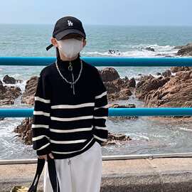 2024年秋冬新款儿童半高领半拉链毛衣百搭条纹针织衫长袖上衣童装