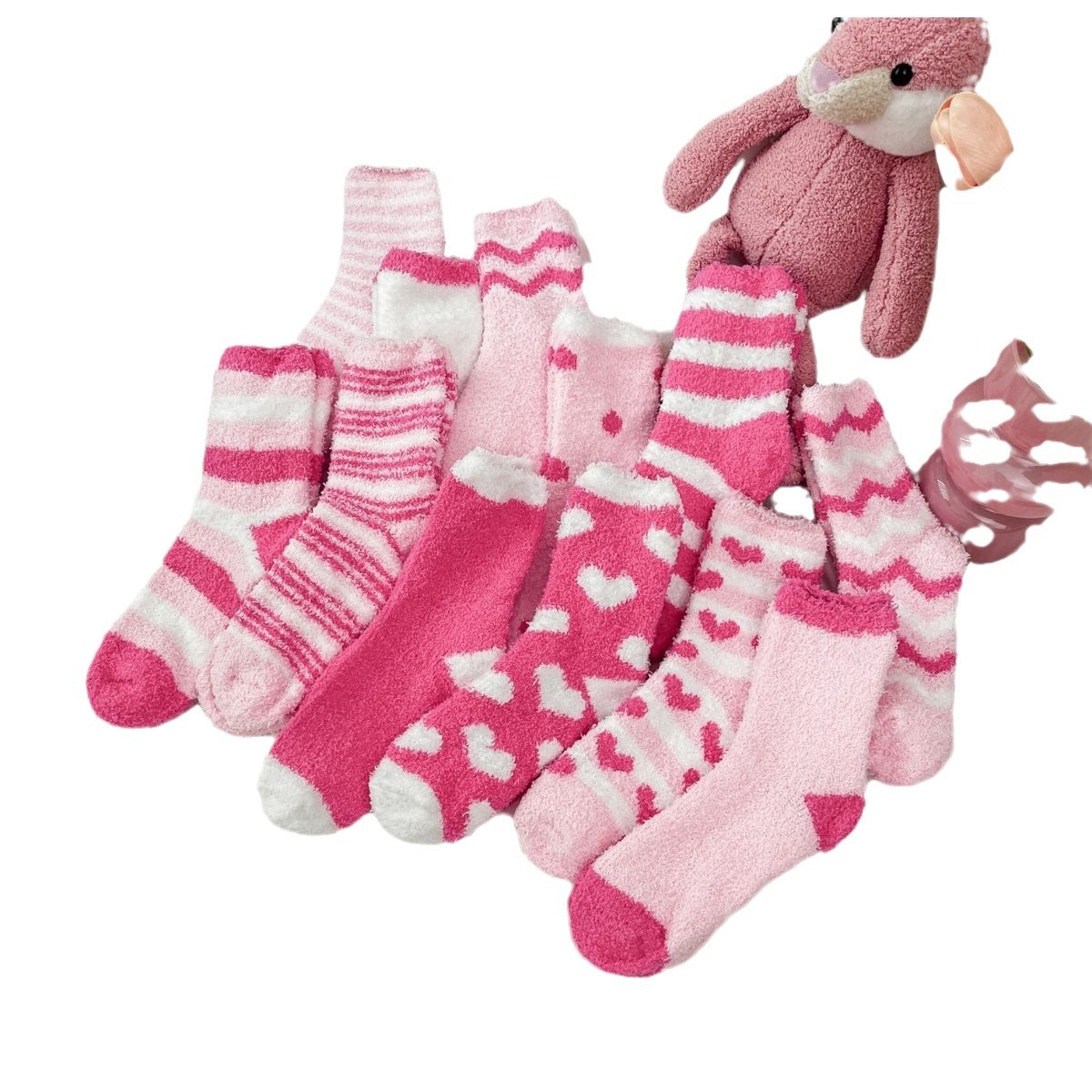 Calcetines de lana de coral sin pérdida de cabello Calcetines de piso de nicho rosa transfronterizo Calcetines de media lana de otoño e invierno para mujer Dormir en casa