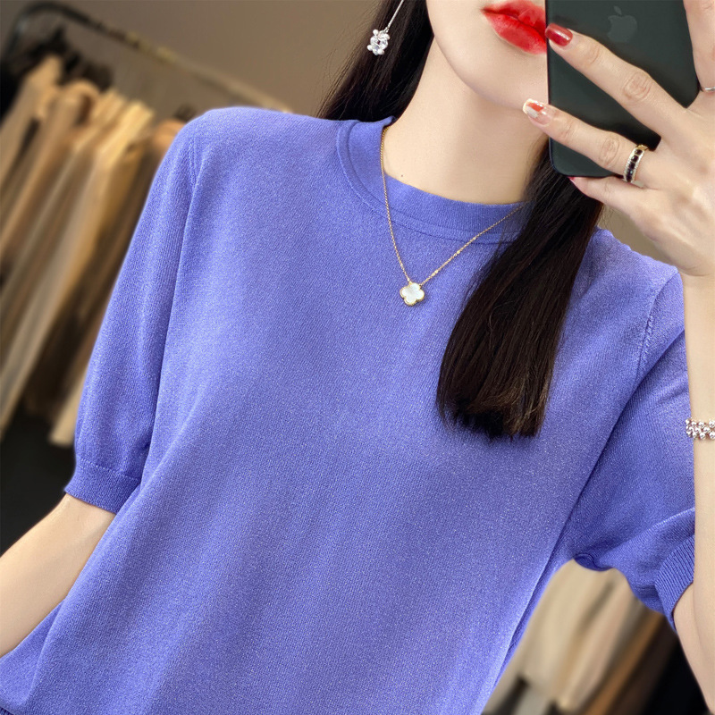 Summer Thin Tencel Linen Knitted Short-sleeved T-shirt Women's Loose Crewneck Vest All-match Half-sleeved Base Top New Style
