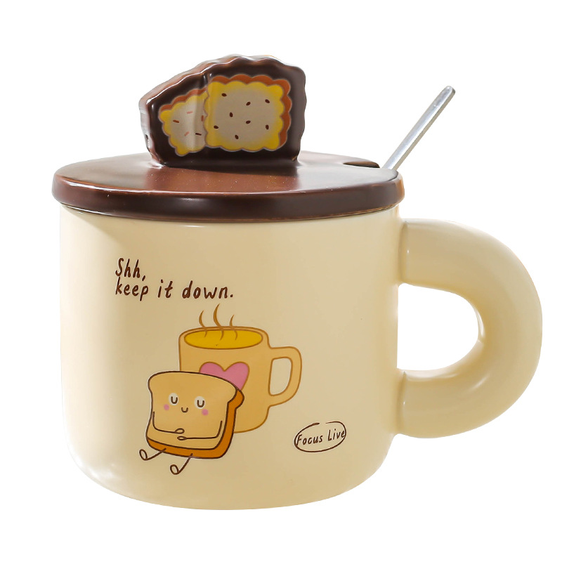 Pan creativo de cerámica hogar lindo taza de dibujos animados taza pareja taza de agua con tapa cuchara taza de café taza de desayuno
