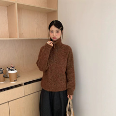 韩系慵懒风翻领套头毛衣女2025秋冬新款宽松外穿半拉链针织衫上衣