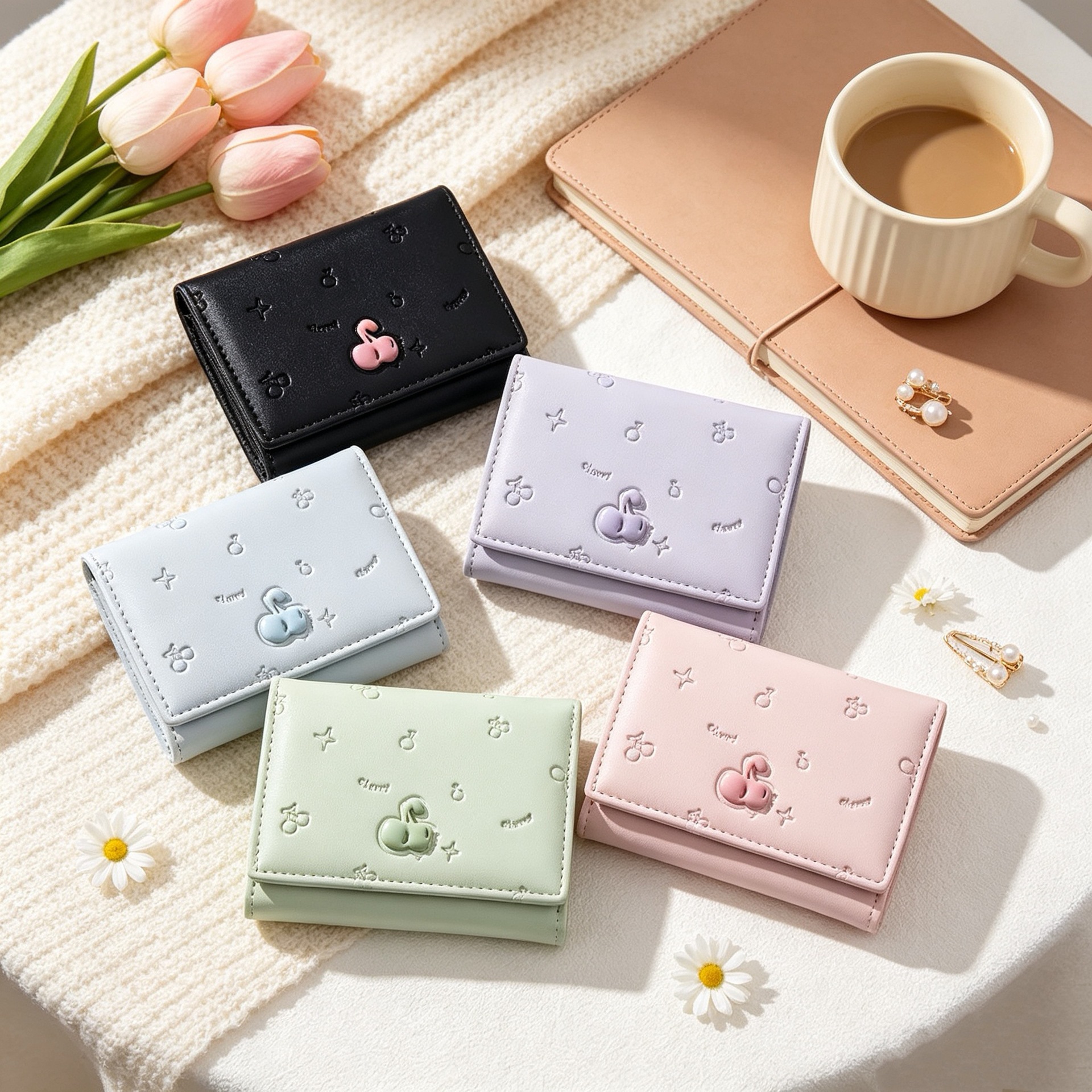 Daini New Fashion Student Leather Wallet Fruit Cherry Embossed Mini Compact 70% off Fold Short Women's Wallet