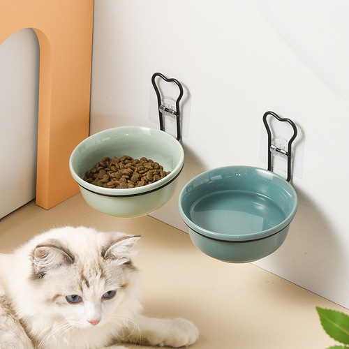 Hanging cat bowl, pet cat fixed basin, rice bowl, anti-tip rack, bowl rack, ceramic tall bowl, food bowl, drinking bowl