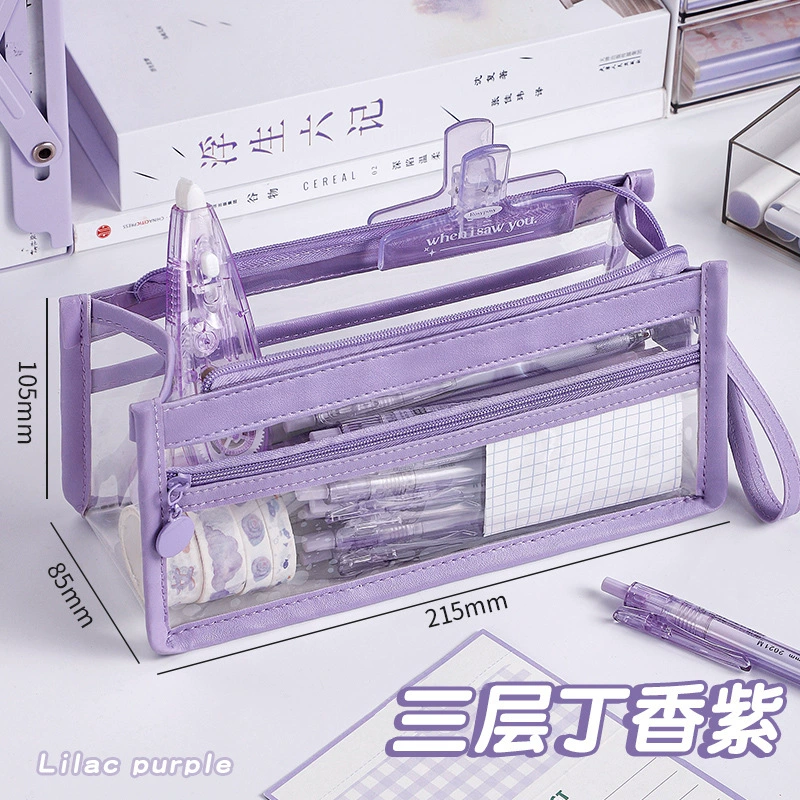 Capacious Clear Pencil Case, Three-Layer PU Trim, 80-Pen Capacity, Wrist Strap