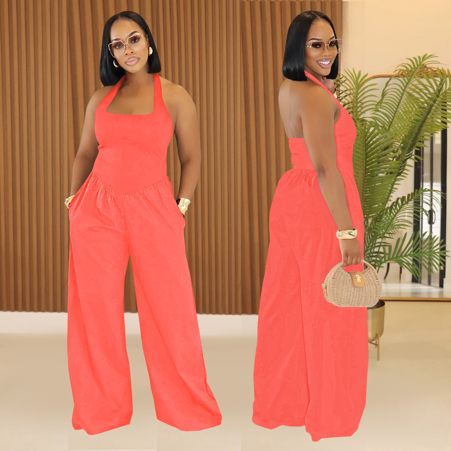 C7390 Cross-border AliExpress Amazon Ropa de mujer de moda europea y americana Mono de color sólido con cuello halter suelto casual
