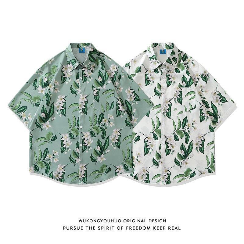 Hawaiian floral short-sleeved shirt men's loose all-match summer Hong Kong style shirt Hong Kong style fashion brand casual ruffle handsome top Hawaiian floral short-sleeved shirt men's loose all-match summer Hong Kong style shirt Hong Kong style fashion brand casual ruffle handsome top